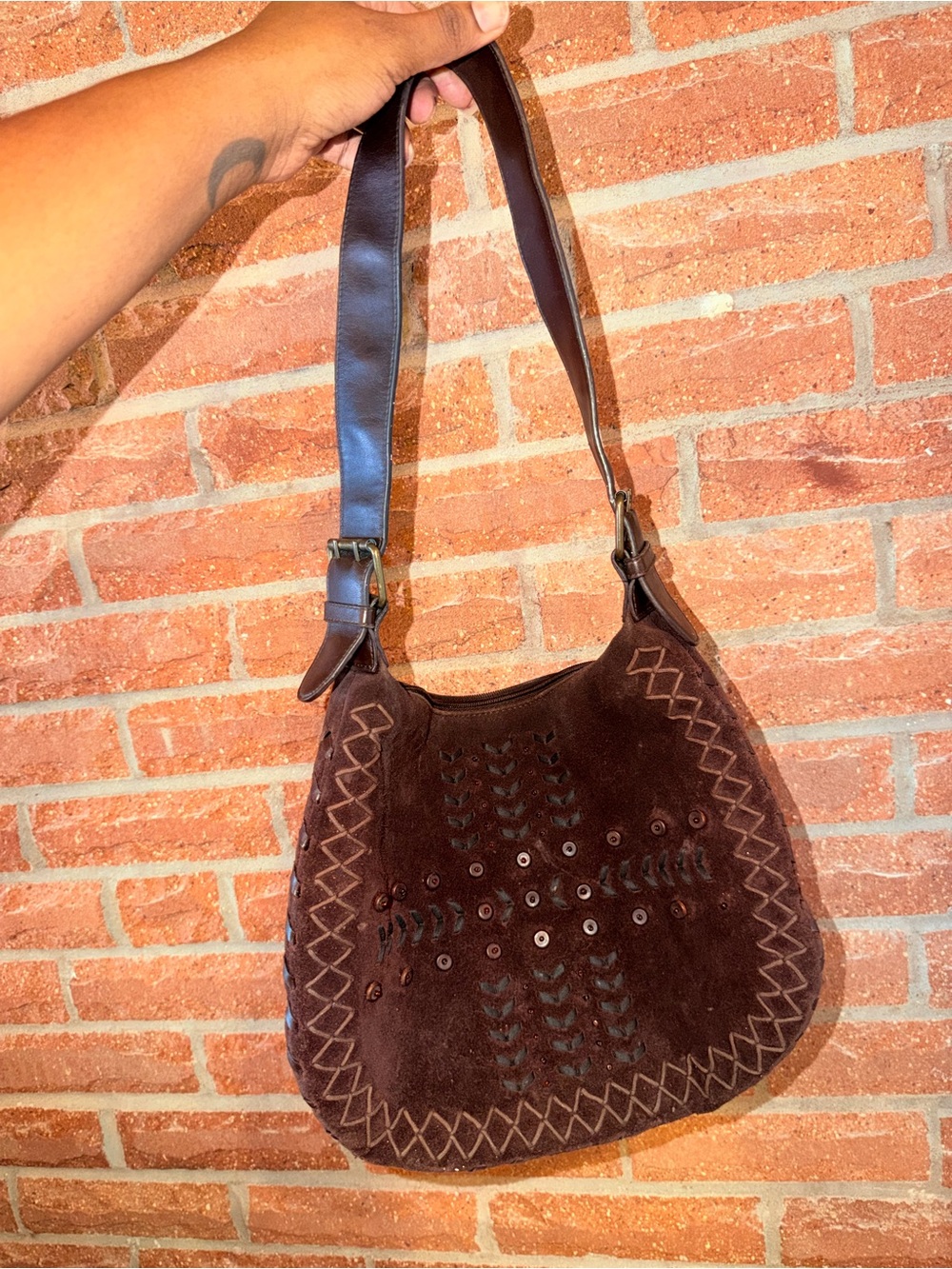 Bisou Bisou Dark Brown Suede Shoulder Bag with Cutout & Eyelet Detail